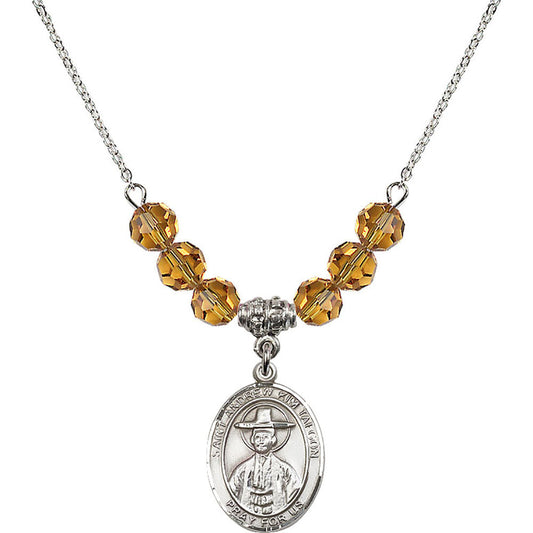 Sterling Silver Saint Andrew Kim Taegon Birthstone Necklace with Topaz Beads - 8373