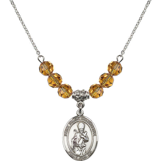 Sterling Silver Saint Simon the Apostle Birthstone Necklace with Topaz Beads - 8375