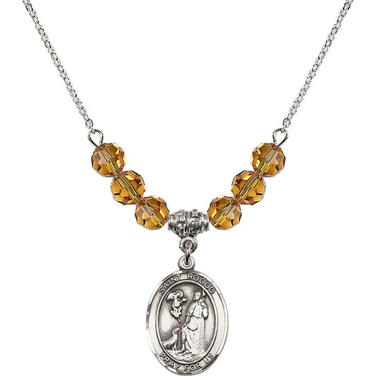 Sterling Silver Saint Rocco Birthstone Necklace with Topaz Beads - 8377