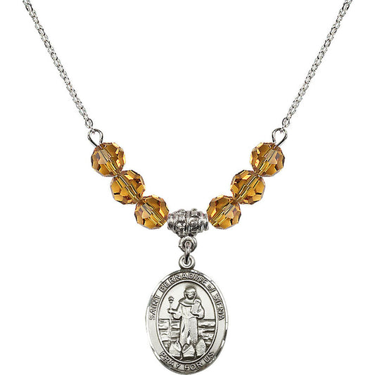 Sterling Silver Saint Bernadine of Sienna Birthstone Necklace with Topaz Beads - 8387