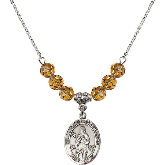 Sterling Silver Our Lady of Assumption Birthstone Necklace with Topaz Beads - 8388