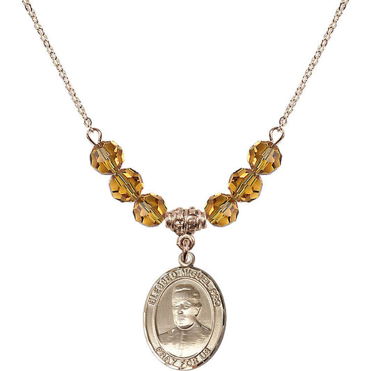 14kt Gold Filled Blessed Miguel Pro Birthstone Necklace with Topaz Beads - 8389