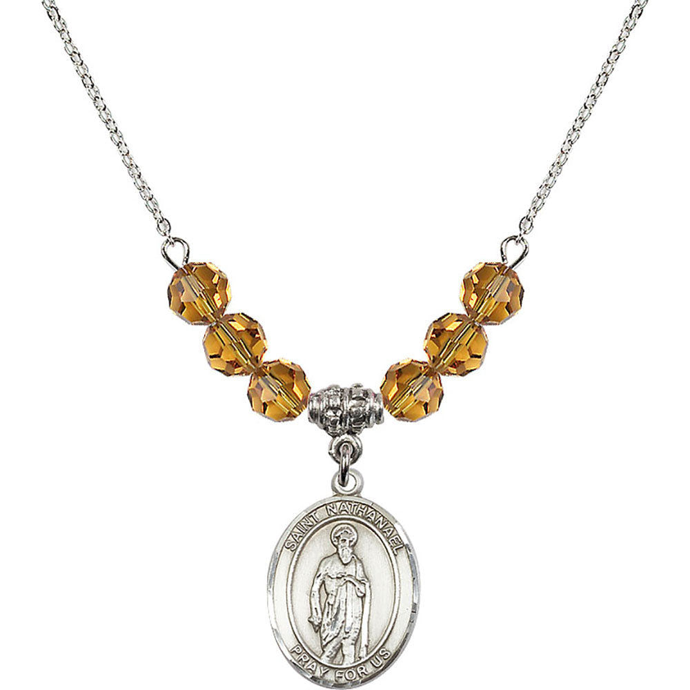 Sterling Silver Saint Nathanael Birthstone Necklace with Topaz Beads - 8398