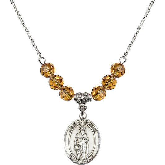 Sterling Silver Saint Nathanael Birthstone Necklace with Topaz Beads - 8398