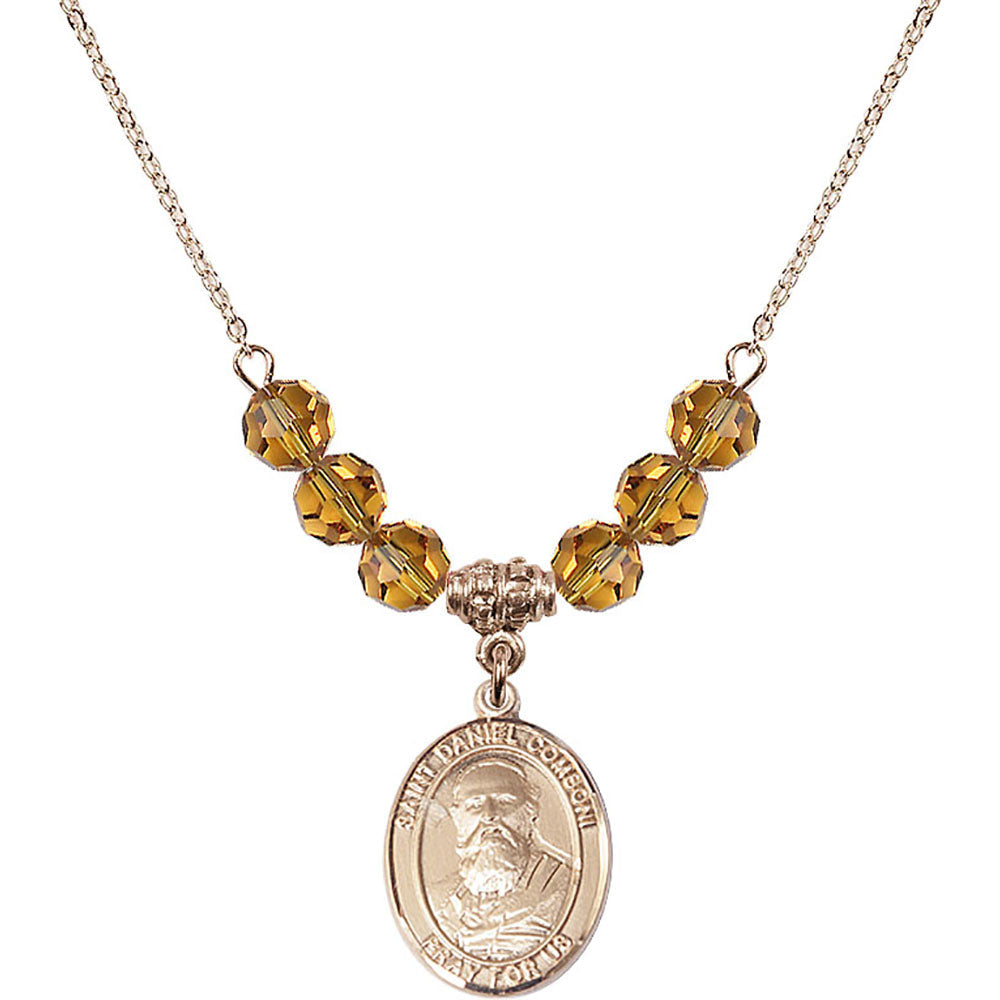 14kt Gold Filled Saint Daniel Comboni Birthstone Necklace with Topaz Beads - 8400
