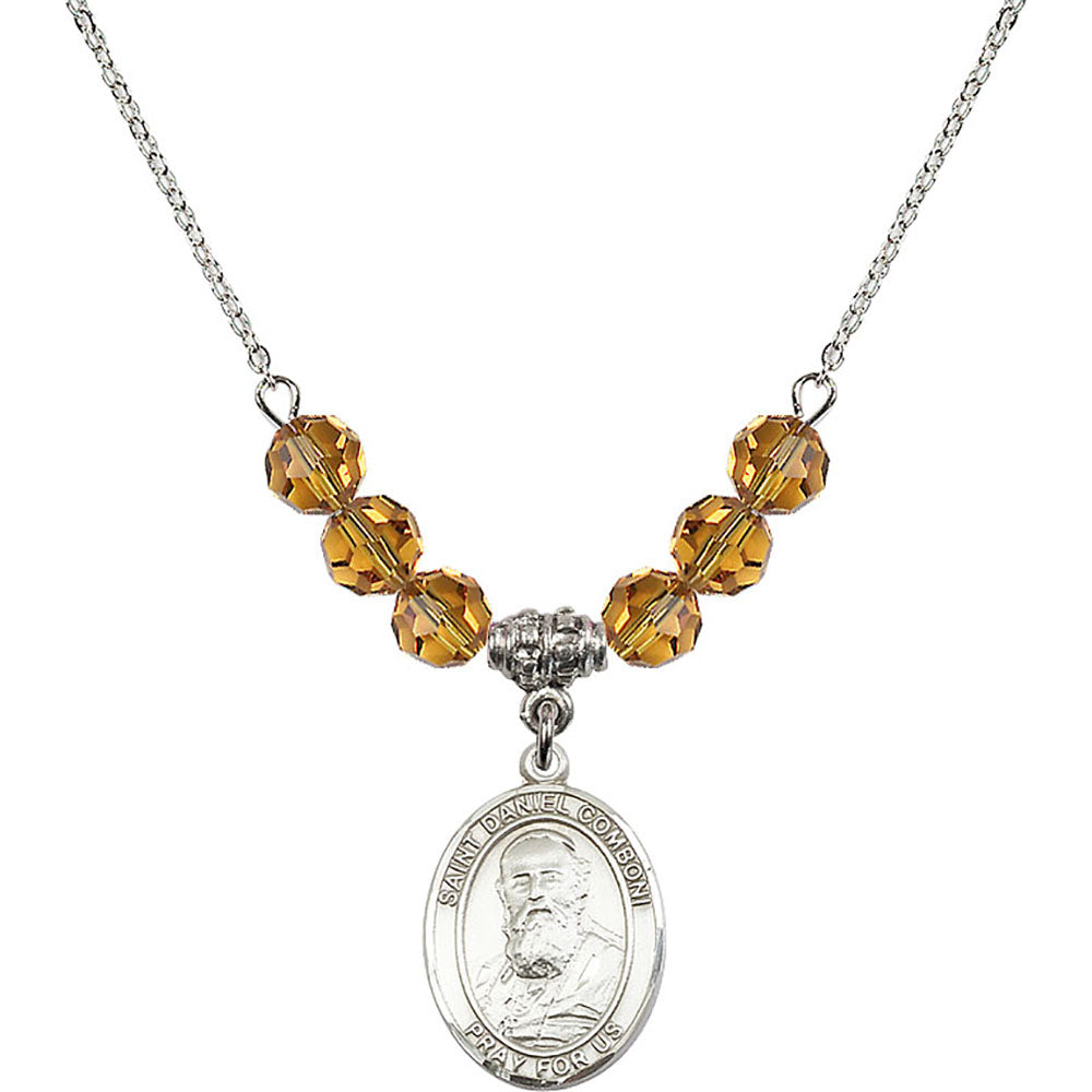 Sterling Silver Saint Daniel Comboni Birthstone Necklace with Topaz Beads - 8400
