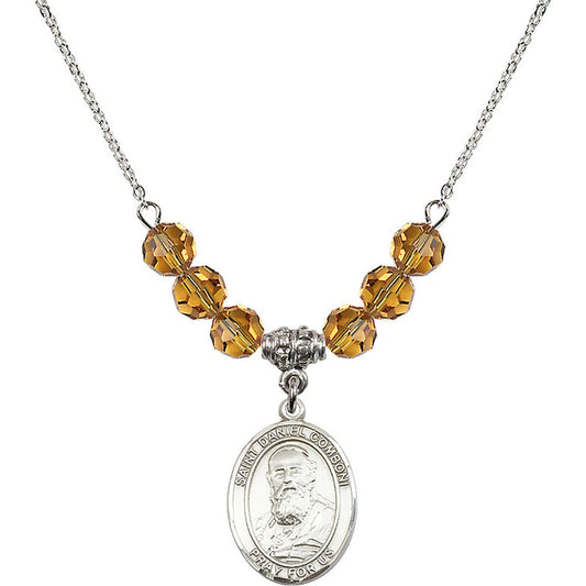 Sterling Silver Saint Daniel Comboni Birthstone Necklace with Topaz Beads - 8400