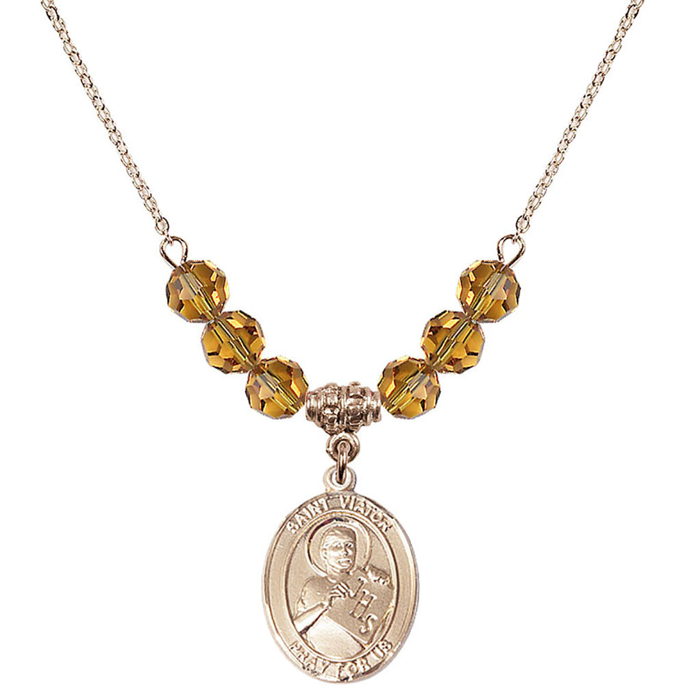 14kt Gold Filled Saint Viator of Bergamo Birthstone Necklace with Topaz Beads - 8408