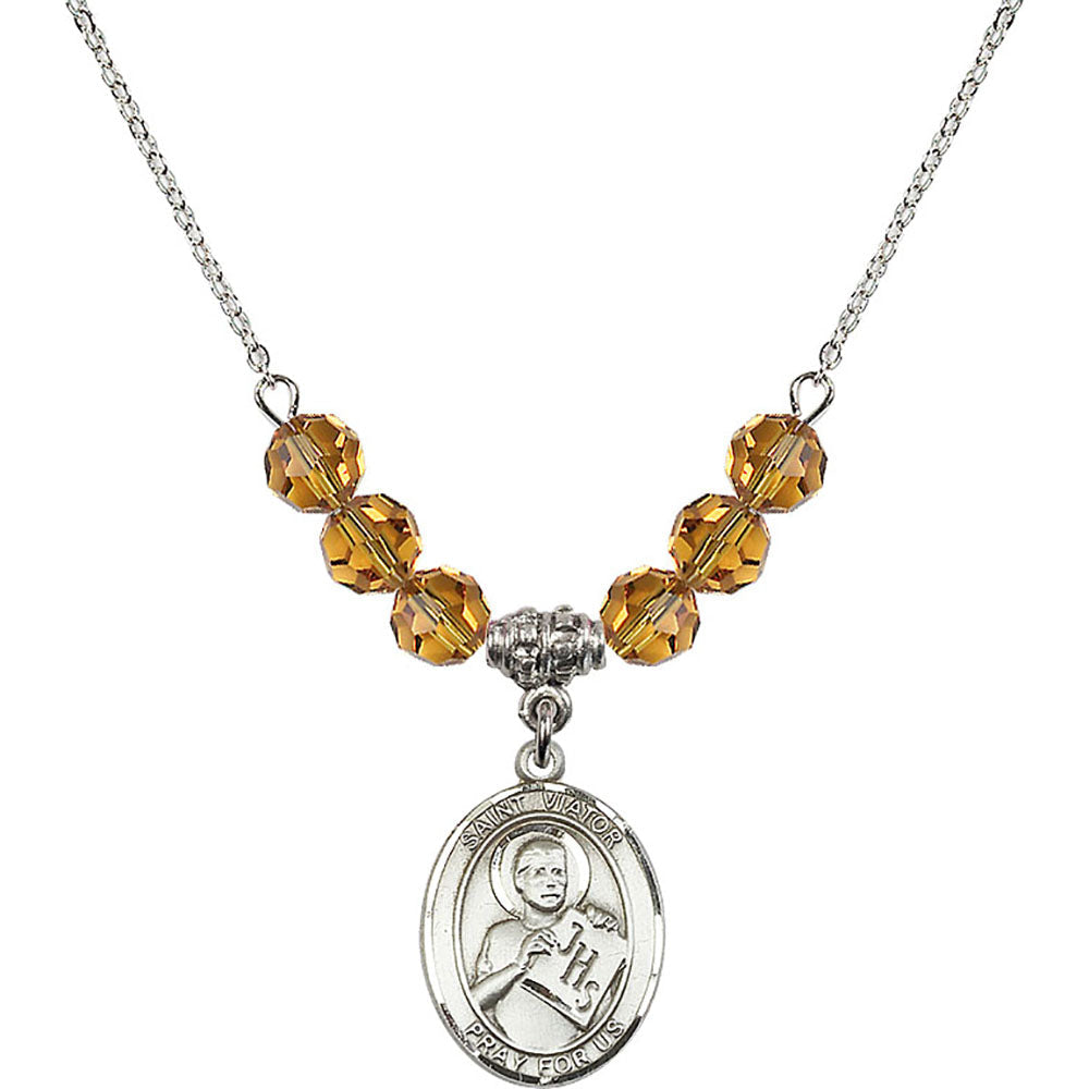 Sterling Silver Saint Viator of Bergamo Birthstone Necklace with Topaz Beads - 8408