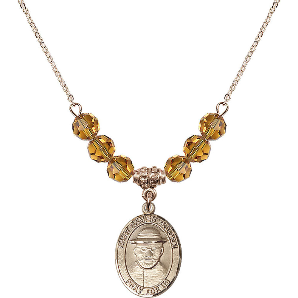 14kt Gold Filled Saint Damien of Molokai Birthstone Necklace with Topaz Beads - 8412
