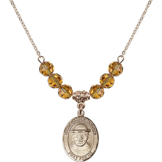 14kt Gold Filled Saint Damien of Molokai Birthstone Necklace with Topaz Beads - 8412