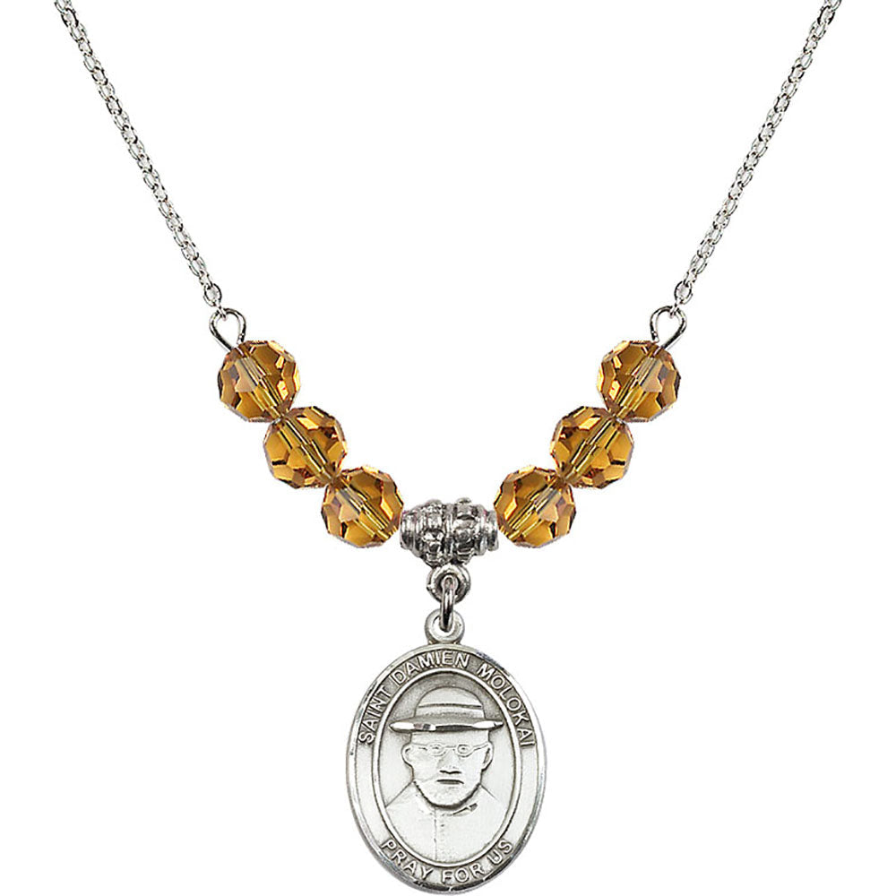 Sterling Silver Saint Damien of Molokai Birthstone Necklace with Topaz Beads - 8412