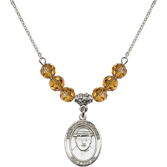 Sterling Silver Saint Damien of Molokai Birthstone Necklace with Topaz Beads - 8412