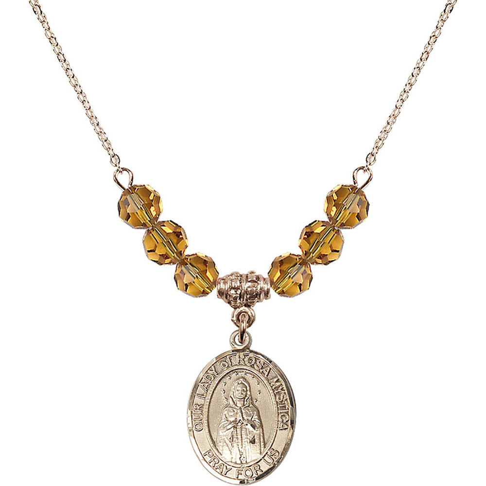 14kt Gold Filled Our Lady of Rosa Mystica Birthstone Necklace with Topaz Beads - 8413