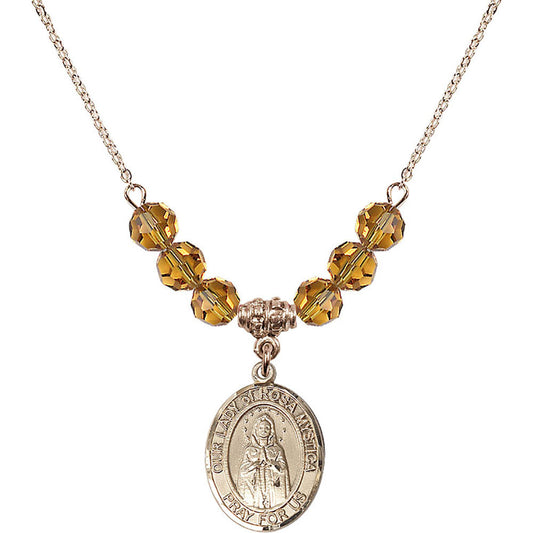 14kt Gold Filled Our Lady of Rosa Mystica Birthstone Necklace with Topaz Beads - 8413