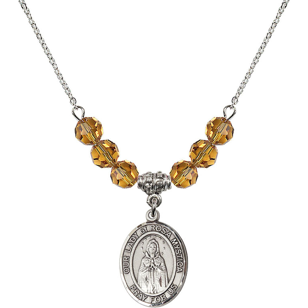 Sterling Silver Our Lady of Rosa Mystica Birthstone Necklace with Topaz Beads - 8413