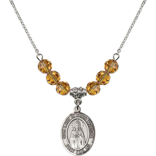 Sterling Silver Our Lady of Rosa Mystica Birthstone Necklace with Topaz Beads - 8413
