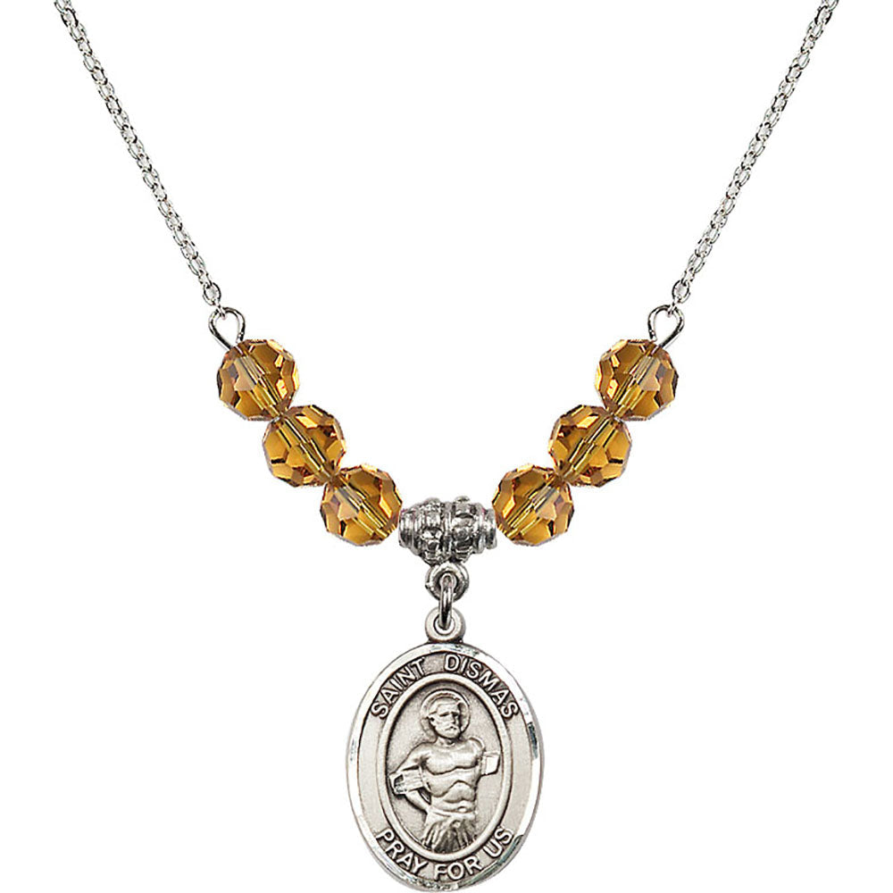 Sterling Silver Saint Dismas Birthstone Necklace with Topaz Beads - 8418