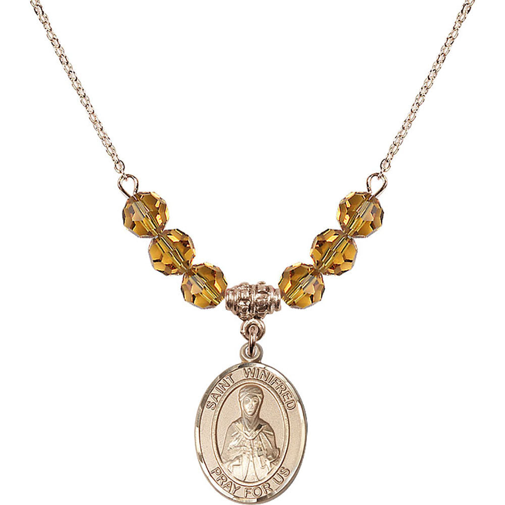 14kt Gold Filled Saint Winifred of Wales Birthstone Necklace with Topaz Beads - 8419
