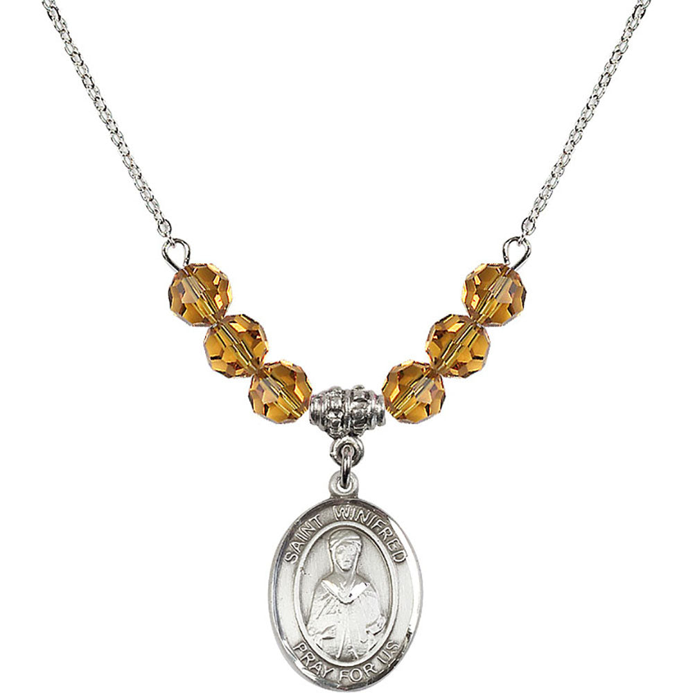 Sterling Silver Saint Winifred of Wales Birthstone Necklace with Topaz Beads - 8419