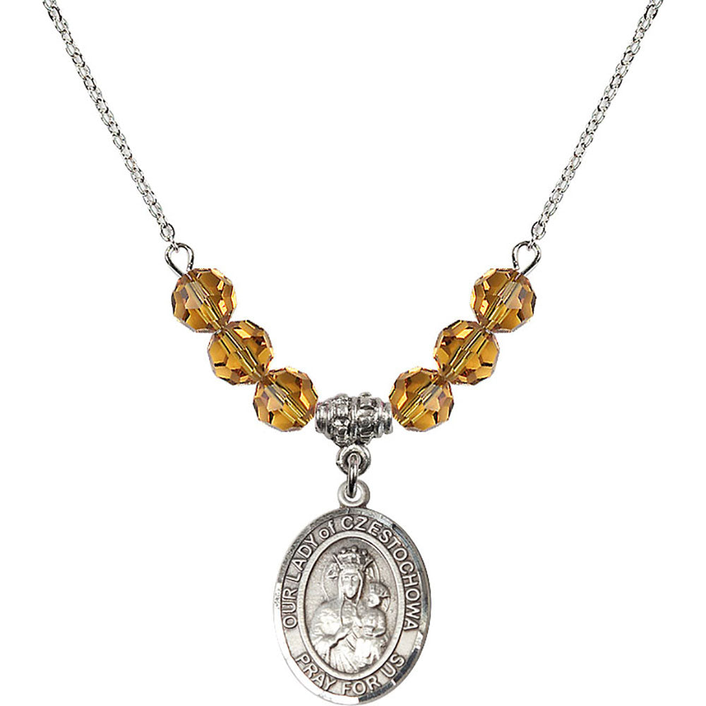 Sterling Silver Our Lady of Czestochowa Birthstone Necklace with Topaz Beads - 8421