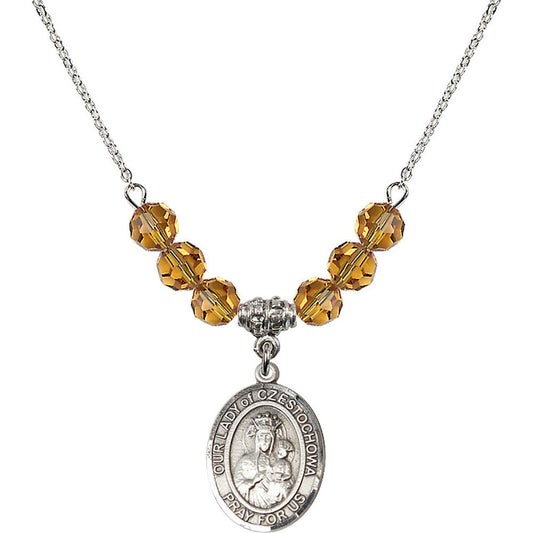 Sterling Silver Our Lady of Czestochowa Birthstone Necklace with Topaz Beads - 8421