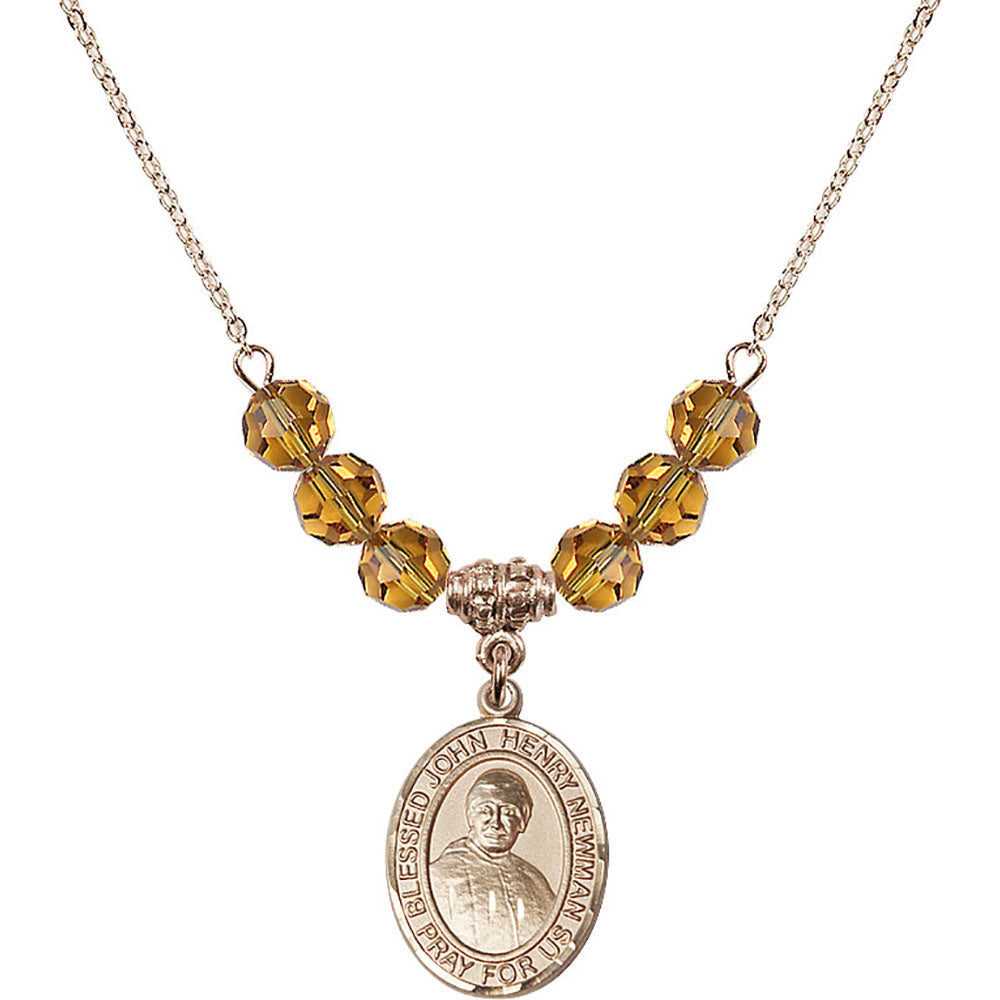 14kt Gold Filled Blessed John Henry Newman Birthstone Necklace with Topaz Beads - 8423