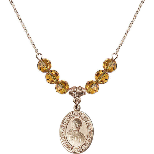 14kt Gold Filled Blessed John Henry Newman Birthstone Necklace with Topaz Beads - 8423