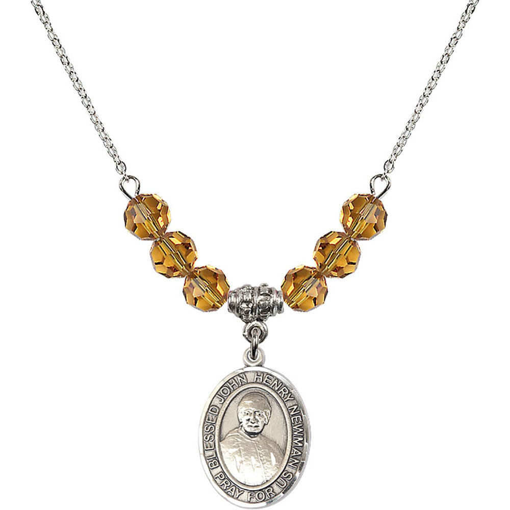Sterling Silver Blessed John Henry Newman Birthstone Necklace with Topaz Beads - 8423