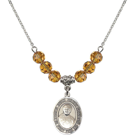 Sterling Silver Blessed John Henry Newman Birthstone Necklace with Topaz Beads - 8423