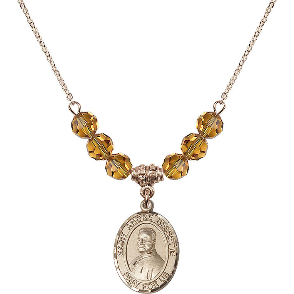 14kt Gold Filled Saint Andre Bessette Birthstone Necklace with Topaz Beads - 8424