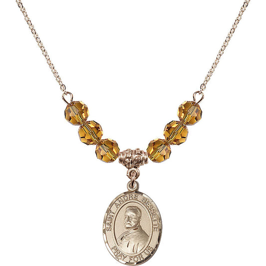 14kt Gold Filled Saint Andre Bessette Birthstone Necklace with Topaz Beads - 8424