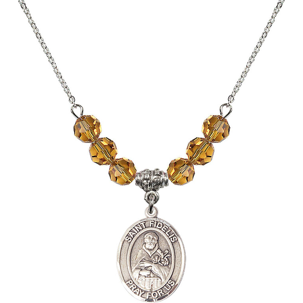 Sterling Silver Saint Fidelis Birthstone Necklace with Topaz Beads - 8426