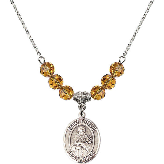 Sterling Silver Saint Fidelis Birthstone Necklace with Topaz Beads - 8426
