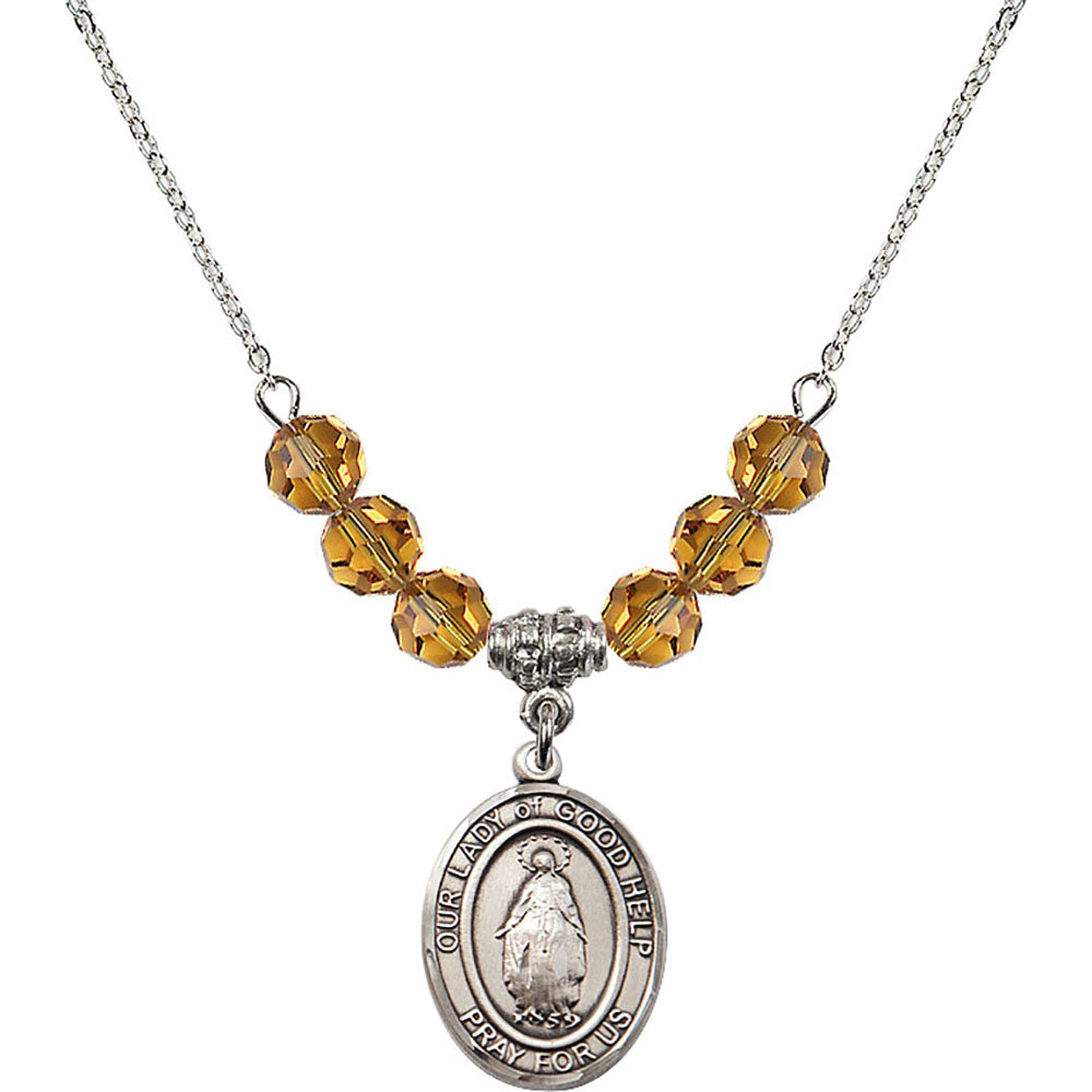 Sterling Silver Our Lady Of Good Help Birthstone Necklace with Topaz Beads - 8431