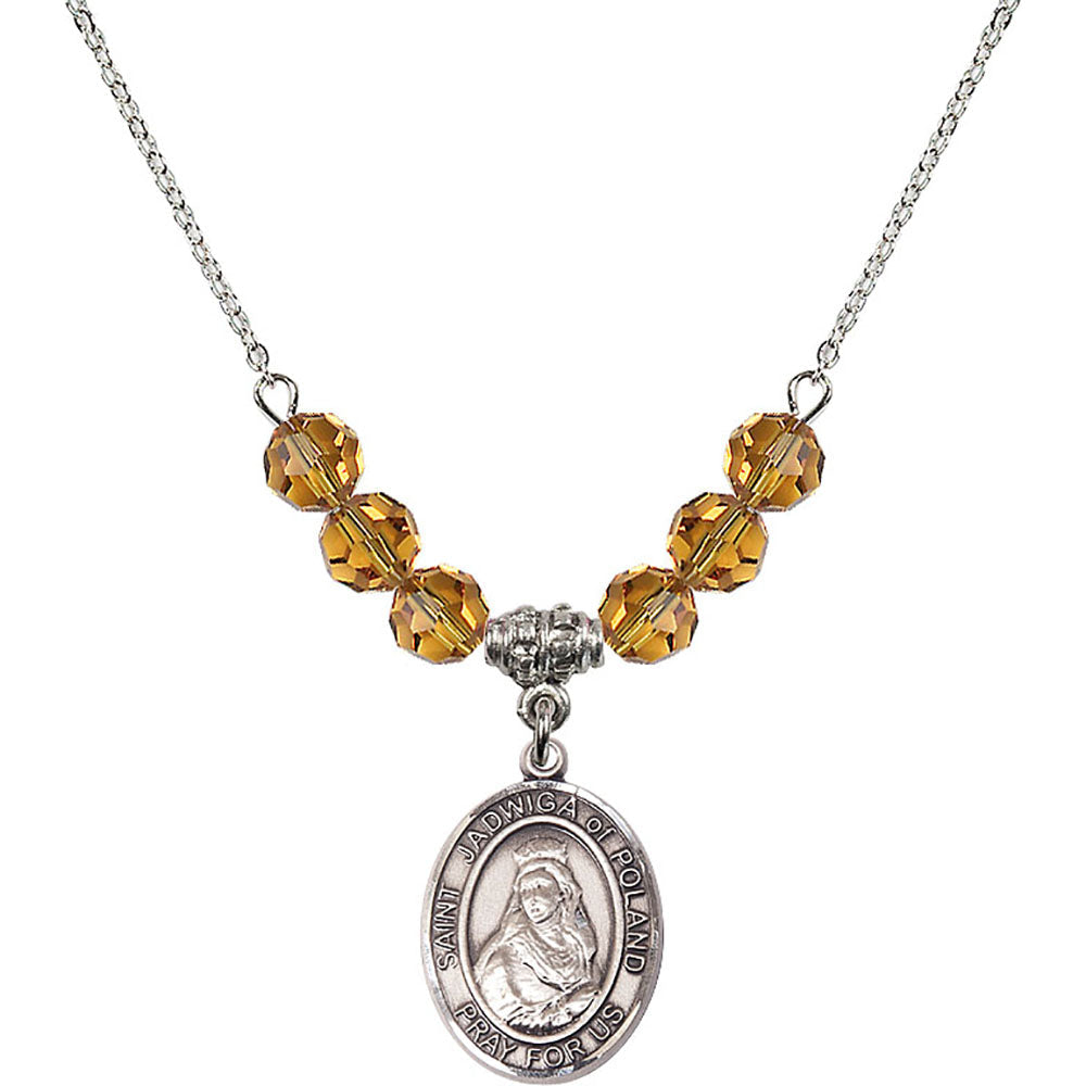 Sterling Silver Saint Jadwiga of Poland Birthstone Necklace with Topaz Beads - 8434