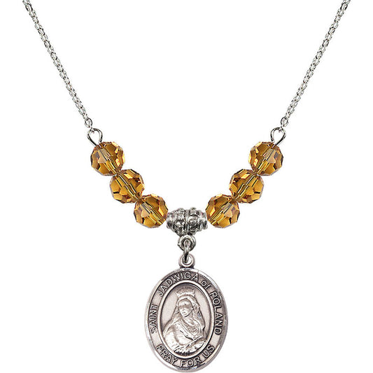 Sterling Silver Saint Jadwiga of Poland Birthstone Necklace with Topaz Beads - 8434
