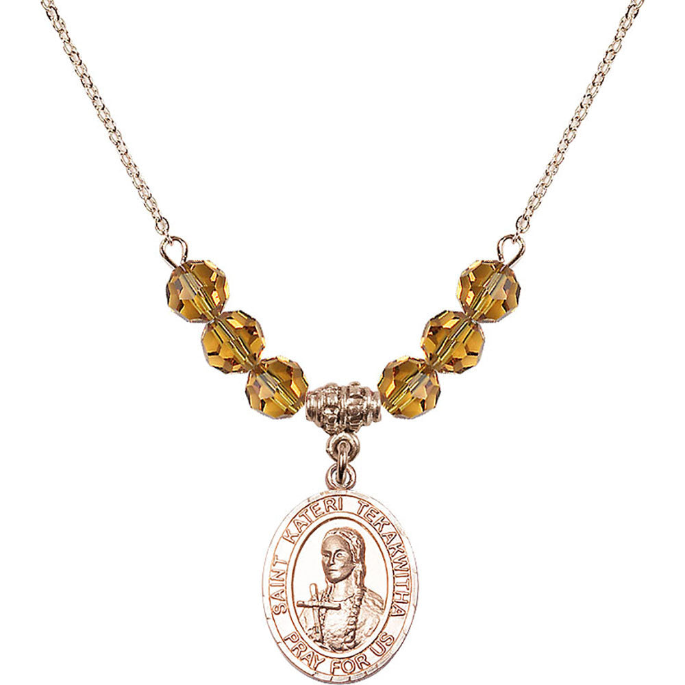 14kt Gold Filled Saint Kateri Tekakwitha Birthstone Necklace with Topaz Beads - 8438