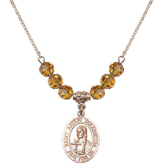 14kt Gold Filled Saint Kateri Tekakwitha Birthstone Necklace with Topaz Beads - 8438