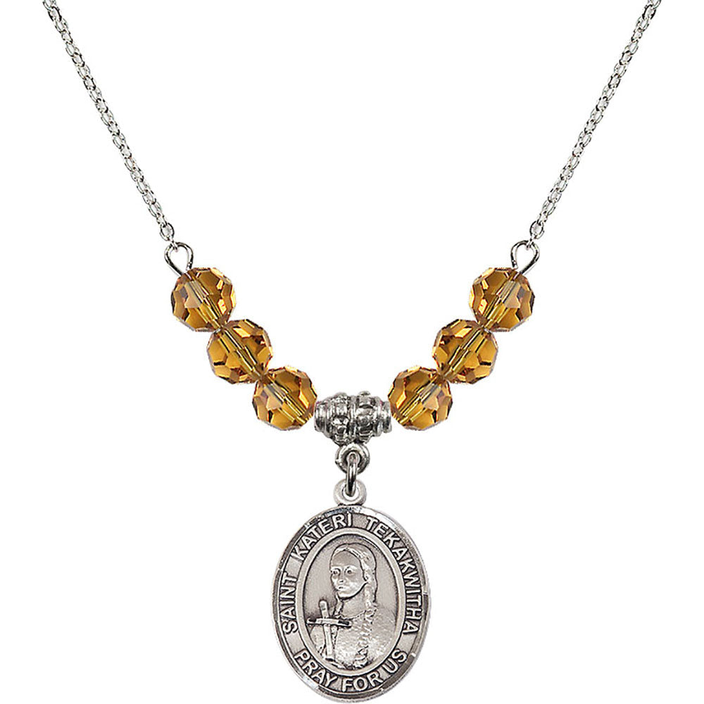 Sterling Silver Saint Kateri Tekakwitha Birthstone Necklace with Topaz Beads - 8438