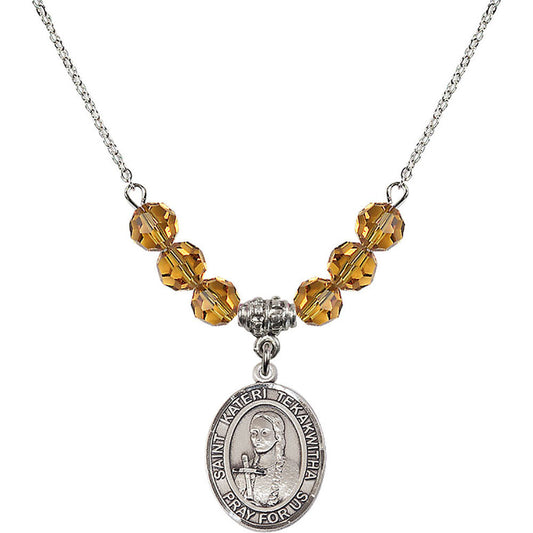 Sterling Silver Saint Kateri Tekakwitha Birthstone Necklace with Topaz Beads - 8438