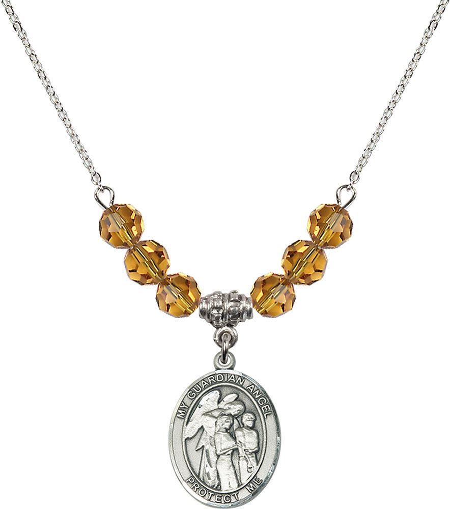Sterling Silver Guardian Angel w/Children Birthstone Necklace with Topaz Beads - 8439