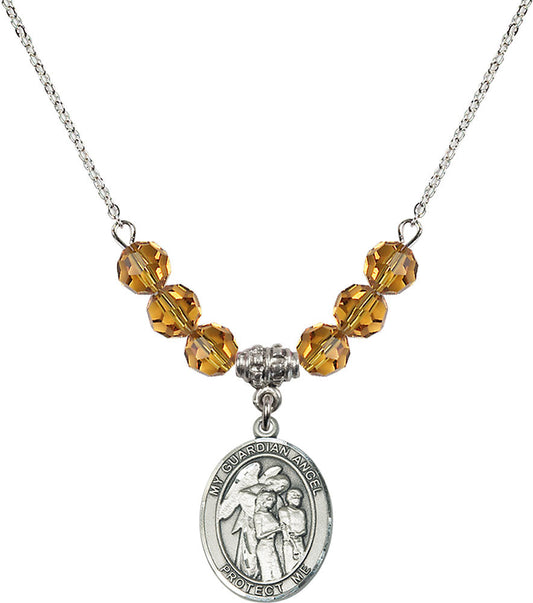 Sterling Silver Guardian Angel w/Children Birthstone Necklace with Topaz Beads - 8439
