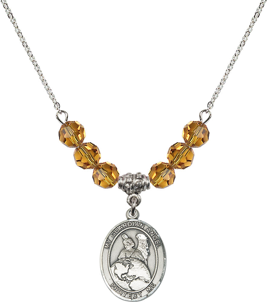 Sterling Silver Guardian Angel Protector Birthstone Necklace with Topaz Beads - 8440