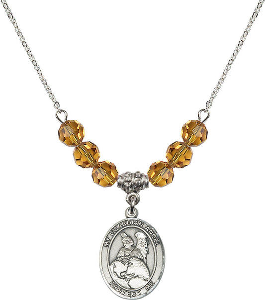 Sterling Silver Guardian Angel Protector Birthstone Necklace with Topaz Beads - 8440