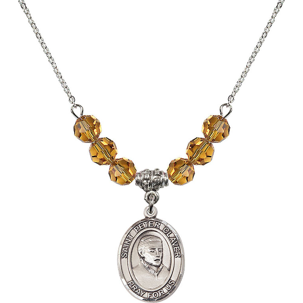 Sterling Silver Saint Peter Claver Birthstone Necklace with Topaz Beads - 8442