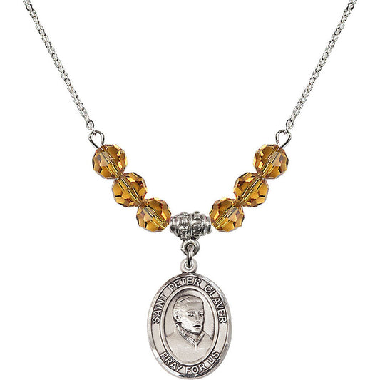 Sterling Silver Saint Peter Claver Birthstone Necklace with Topaz Beads - 8442