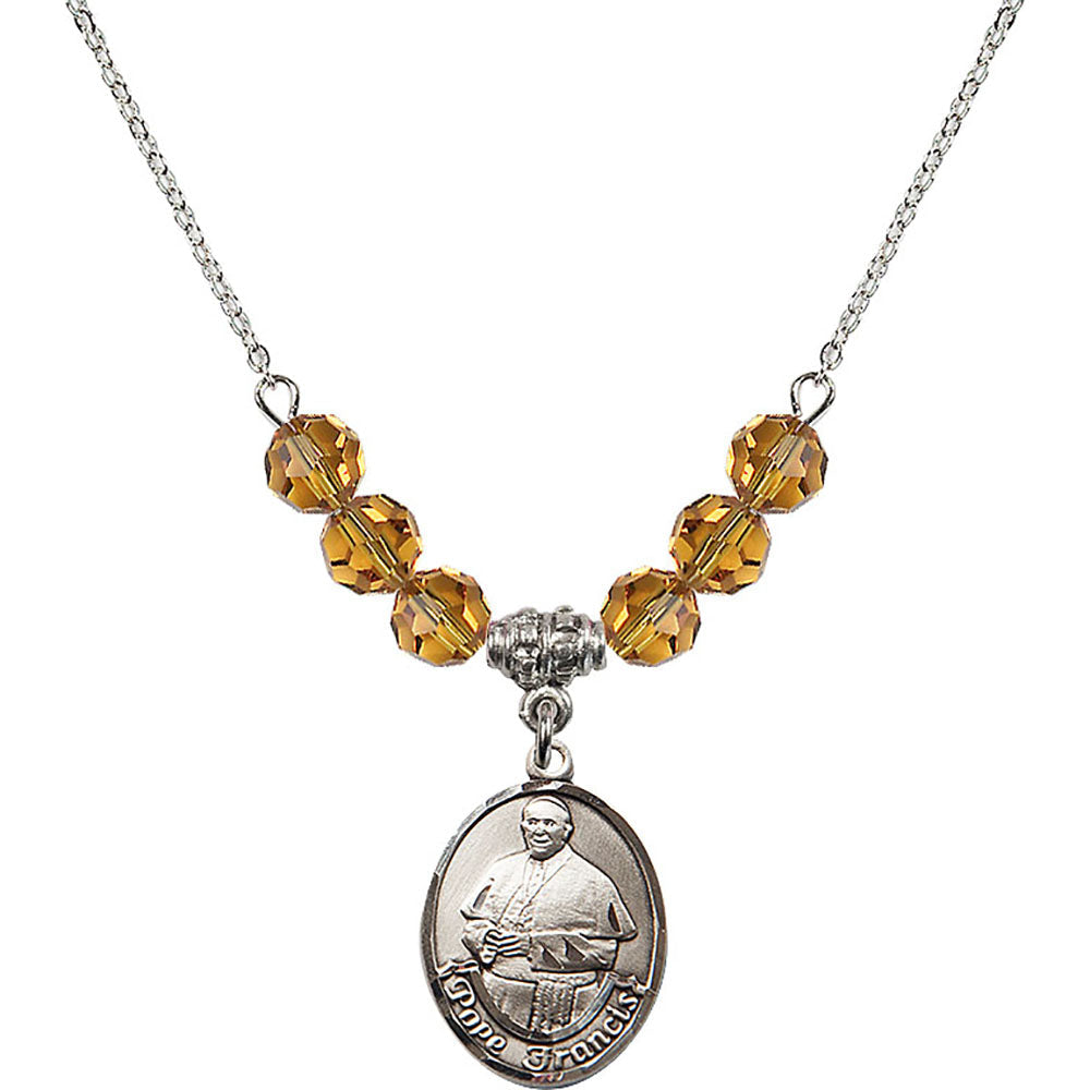 Sterling Silver Pope Francis Birthstone Necklace with Topaz Beads - 8451