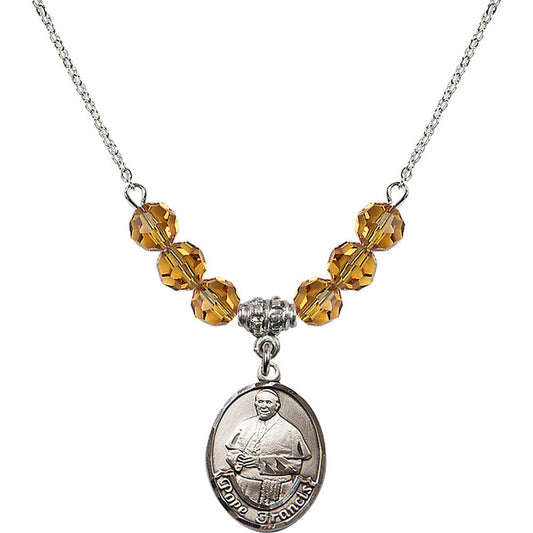 Sterling Silver Pope Francis Birthstone Necklace with Topaz Beads - 8451