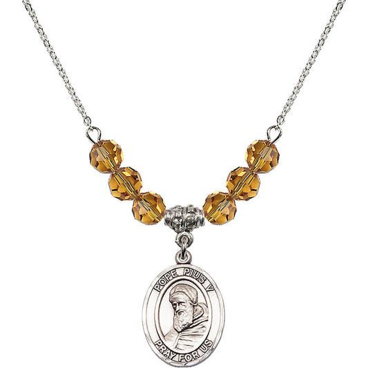 Sterling Silver Saint Pius V Birthstone Necklace with Topaz Beads - 8452